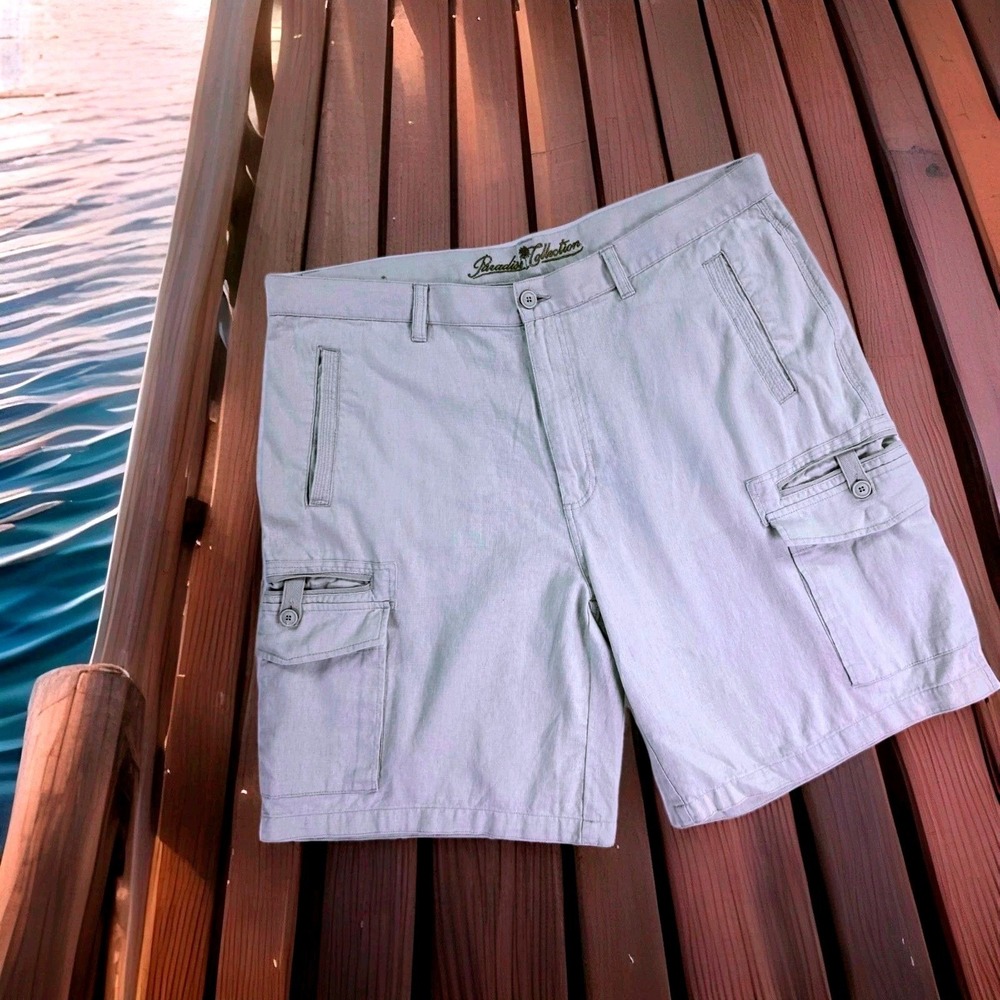 Paradise Collection Men's Size 42 Cream Linen‎ Blend Flat Front Cargo Shorts